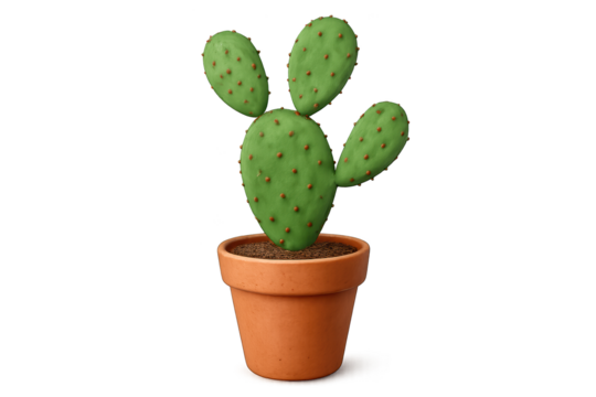 Green prickly pear cactus with flat pads in terracotta pot on transparent background