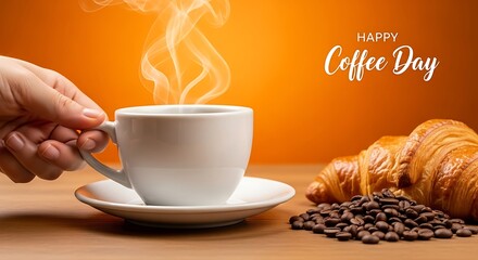 Warm coffee cup and croissant on a sunny morning