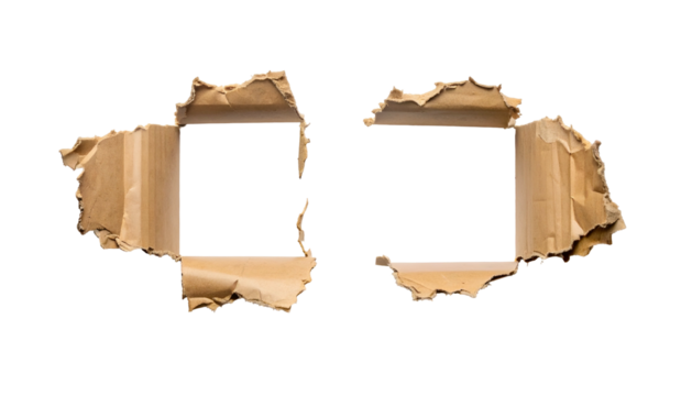 Two rough rectangular holes torn in brown cardboard against a black background