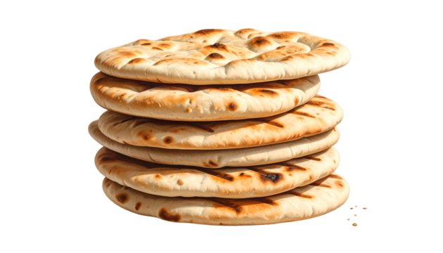 A stack of five round flatbreads, lightly browned with char marks, isolated on black
