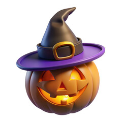 3d jack o lantern with witch hat isolated on transparent background