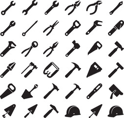 Naklejka premium Silhouette Icons of Hand Tools for Construction and Repair with Black and White Background Tool Collection for Home Improvement and Professional Use