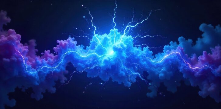 Electric Blue Plasma Burst, Dynamic Energy Tendrils in a Nebula like Cloud A powerful, dynamic burst of electric blue plasma, characterized by swirling, energetic tendrils that spread outwards within