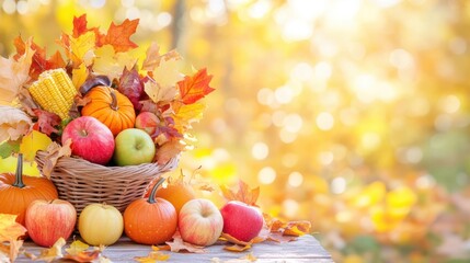 Naklejka premium Autumn Harvest Bounty: A rustic basket overflows with the vibrant colors and textures of the autumn season, showcasing a generous collection of fresh, ripe produce.