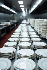 The essence of a clean and organized restaurant kitchen, ready for service. A wide shot of a spotless, modern commercial kitchen. Gleaming stainless steel countertops, meticulously stacked white