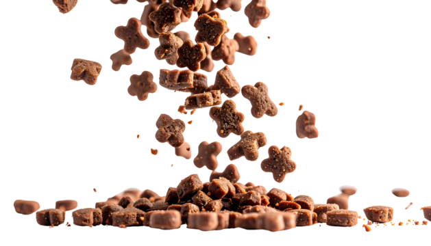 Brown, shaped snacks cascading downwards, forming a pile against a black background
