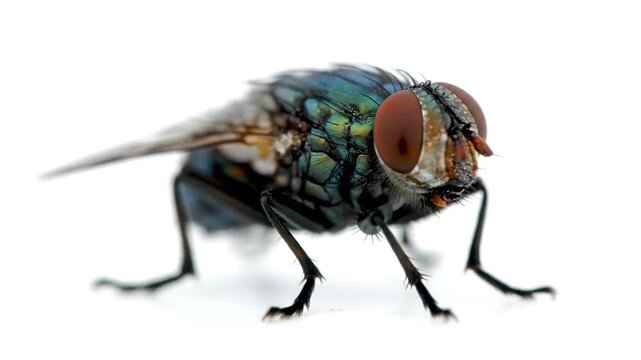 Macro shot of a common house fly with iridescent, metallic body, resting on a white surface