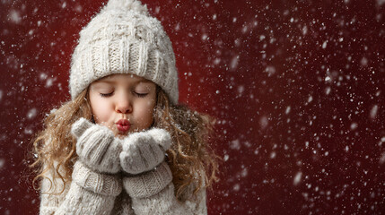 A little girl blows snow into her hands, red background for a Christmas concept