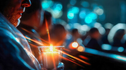 People holding candles during an evening remembrance ceremony outdoors