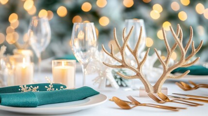 Festive Table Setting: A close-up shot presents an elegant table setting, adorned with gold accents, teal napkins, and ambient lighting, creating a scene of warmth and sophistication.