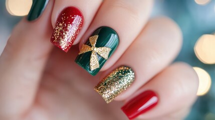 Festive Nail Art: A close-up view showcasing elegant and festive nail art, featuring vibrant red and green colors with gold accents and a miniature gift-box design, perfect for holiday celebrations.