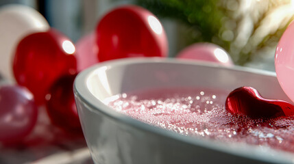 Heart-shaped decoration floating in pink bubble bath surrounded by balloons, symbolizing relaxation and love
