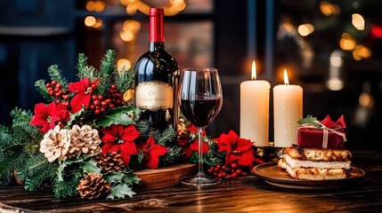 Festive Holiday Table Setting: A captivating holiday arrangement features a rich red wine bottle and a filled wine glass, accompanied by lit candles and a beautifully adorned gift, creating a warm.
