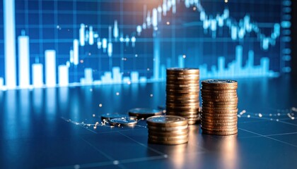 Financial growth and investment represented by stacked coins with stock market graph showing success