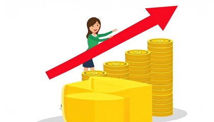 Financial Growth and Success: A woman supporting a rising arrow with gold assets