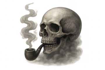Human skull smoking pipe with smoke on transparent background