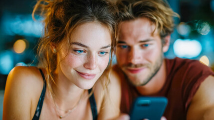 Smiling young couple looking at a smartphone together, symbolizing love, connection, and shared digital moments