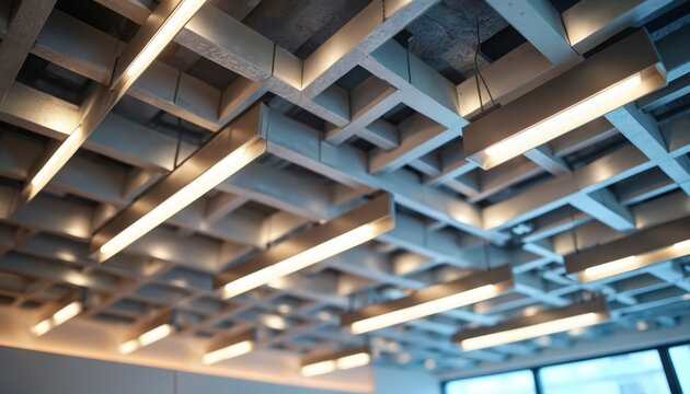 Office ceiling features interlocking rectangles creating pattern. LED lights housed within element. Modern design illuminated. Architecture, interiors concept. Sleek aesthetic shows eco friendly