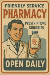 Vintage Pharmacy Poster with Pharmacist Illustration