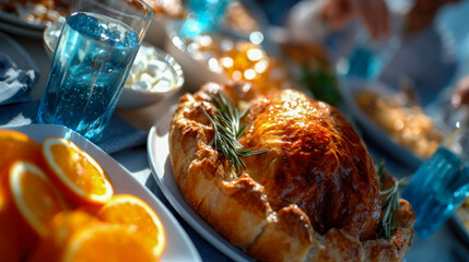 Beautifully arranged holiday feast with roasted chicken, fresh oranges, and blue glasses, evoking warmth and celebration