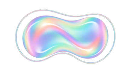 Abstract liquid blob with holographic gradient, rainbow pastel tones, soft glossy shine, dreamy fluid shape, ultra-clean minimal design
