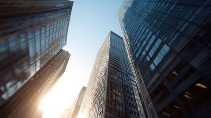 Skyscrapers rise towards a clear blue sky capturing modern urban architecture