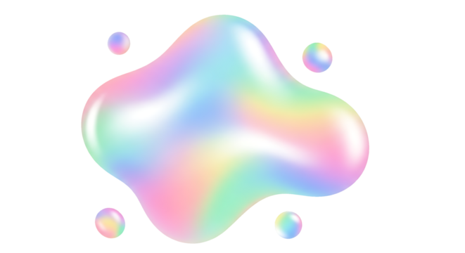 Abstract liquid blob with holographic gradient, rainbow pastel tones, soft glossy shine, dreamy fluid shape, ultra-clean minimal design