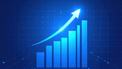 Financial Growth Chart Showing an Upward Trend with Ascending Arrow on Blue Background