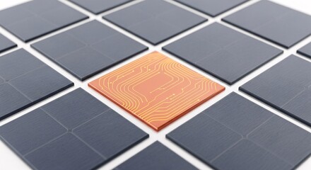 Solar panel photovoltaic cell with copper center - Blue silicon cells with orange electron flow - Renewable energy technology close-up on white background