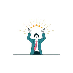 Illustration of a businessman celebrating success with five stars above his head, symbolizing achievement and positive feedback.