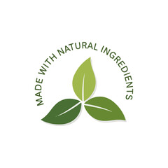 Natural Ingredients Emblem with Green Leaves and Circular Text.