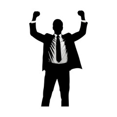 Silhouette of a Successful Businessman Celebrating Victory with Raised Fists.