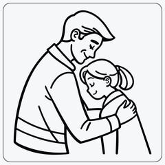 Father hugging daughter coloring page. Loving dad comforting his child. Family love and care vector outline for Father's Day.