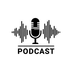 Podcast Recording Studio Logo with Microphone and Sound Waves.