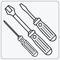 Hand tools coloring page. Outline of screwdrivers and a wrench. Simple vector illustration for a kids' workshop or repair activity.