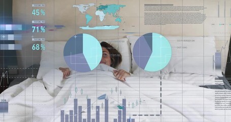 As financial data overlays fading in woman pulling duvet peeking at floating charts to read data - Powered by Adobe