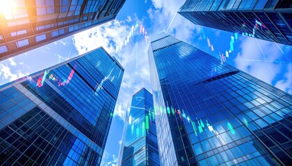 Financial growth concept with skyscrapers and stock market chart overlays rising high
