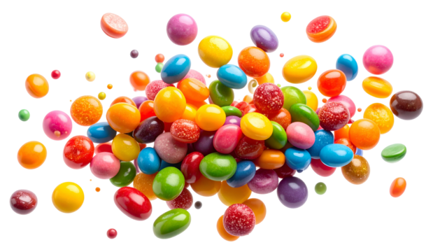 A vibrant collection of assorted candies in various shapes and colors, seemingly floating