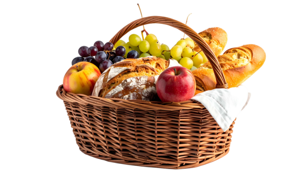 A wicker basket brimming with fruit and bread on a white cloth, perfect for a picnic