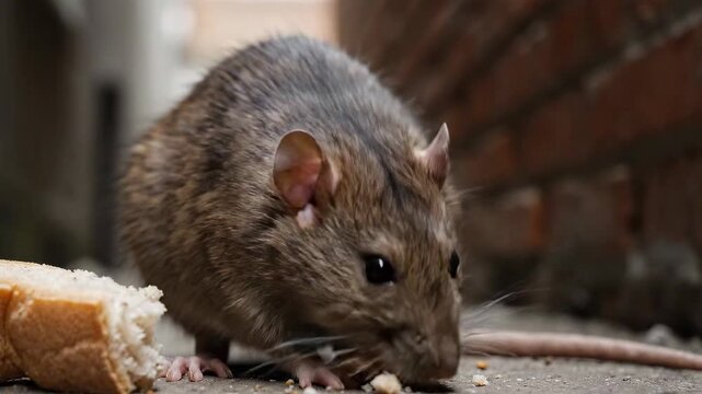 Rat Eating Bread Outdoors Closeup