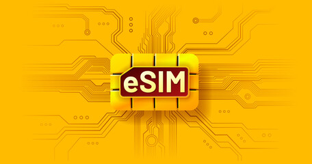 eSIM card on circuit board background. Modern digital embedded SIM concept.