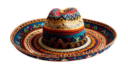 Ornate, multi-colored sombrero, intricate woven design on a black background