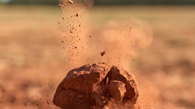 Extreme slow motion dry soil clod breaking apart into fine dust particles in a field dry, macro, cultivation