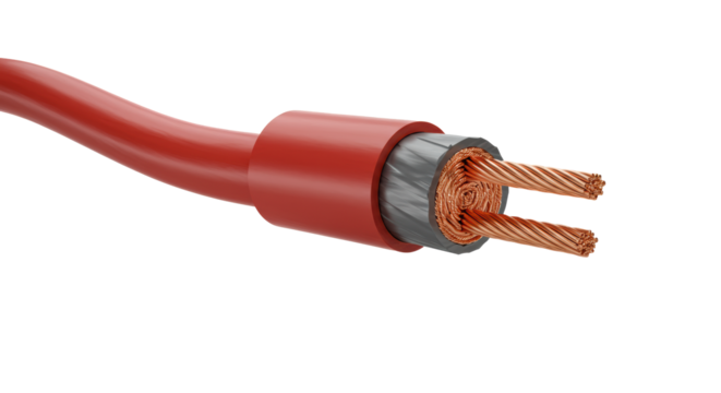 Ruby-red electrical cable with glossy PVC, exposed precision-cut multi-stranded copper core, isolated on transparent background with soft shadow. Concept of revealing complexity