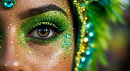 Closeup of an eye with green makeup glitter and headwear focusing on vibrant details
