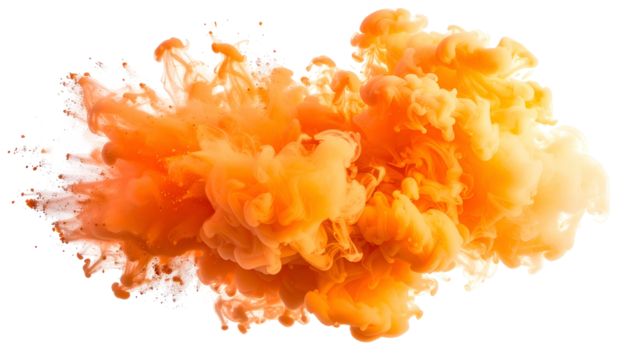 A cloud of vibrant orange and yellow ink spreads against a stark black background