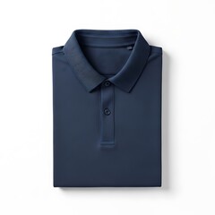 Neat navy blue polo shirt folded on white background