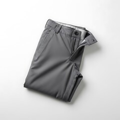 Stylish gray chino pants laid flat on a white background