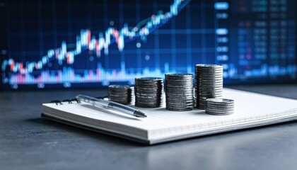 Financial investment analysis with stock chart notebook and coins concept with potential profit