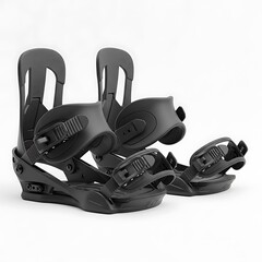 Pair of black snowboard bindings on a white background